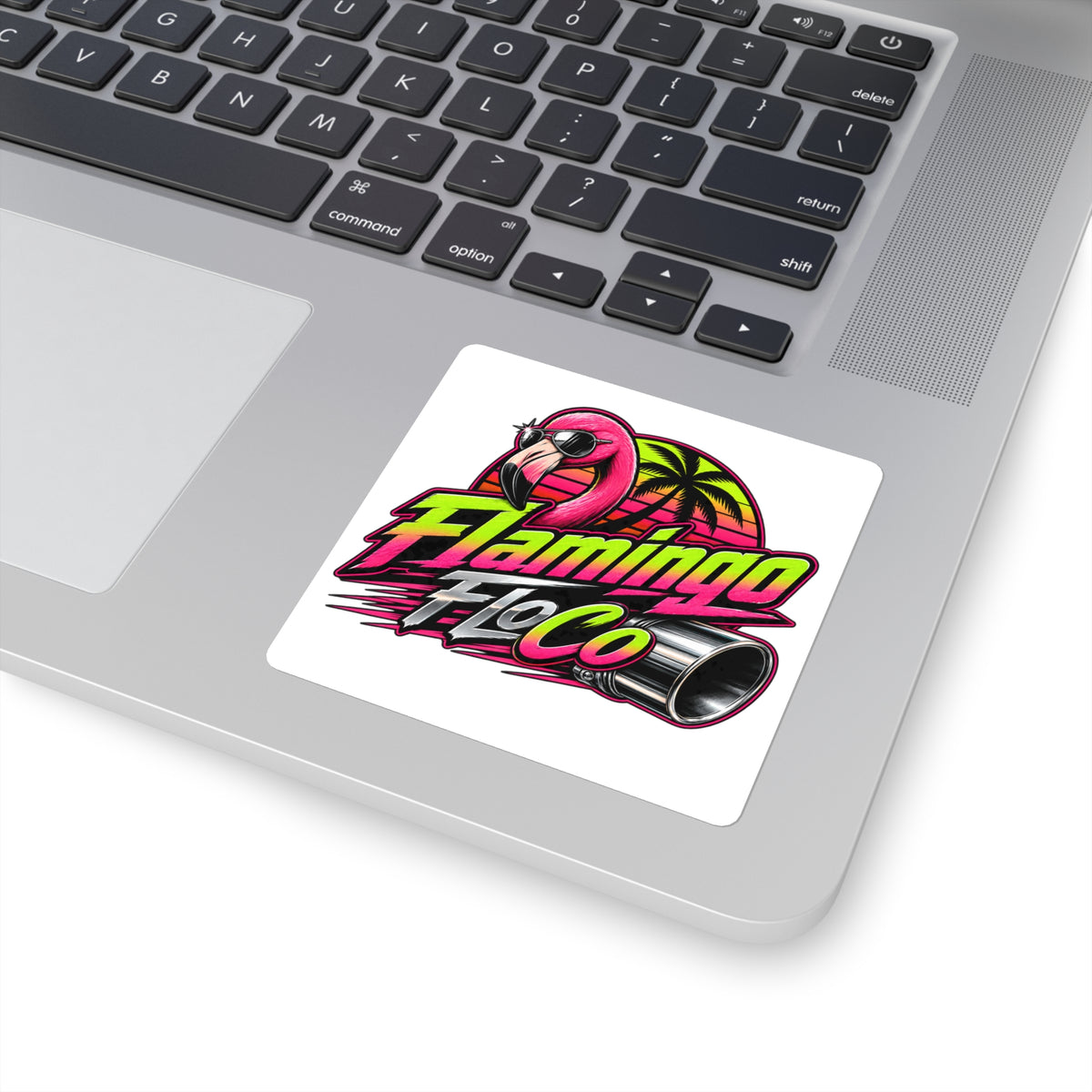 Flamingo FloCo Retro Racing Square Sticker — Neon Flamingo, Palm Tree & Exhaust Graphic