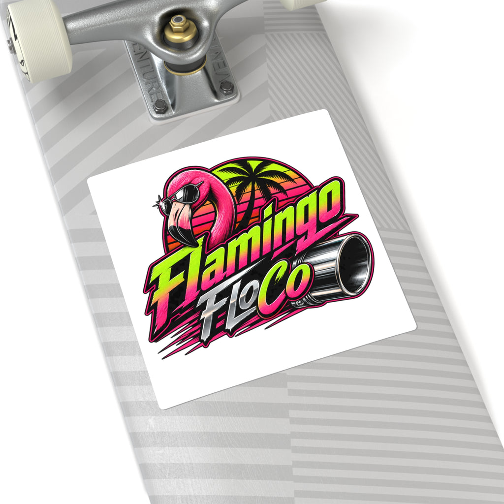 Flamingo FloCo Retro Racing Square Sticker — Neon Flamingo, Palm Tree & Exhaust Graphic