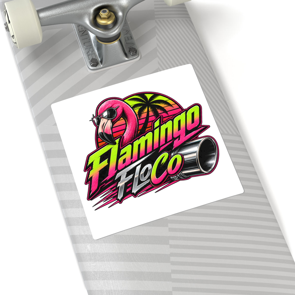 Flamingo FloCo Retro Racing Square Sticker — Neon Flamingo, Palm Tree & Exhaust Graphic