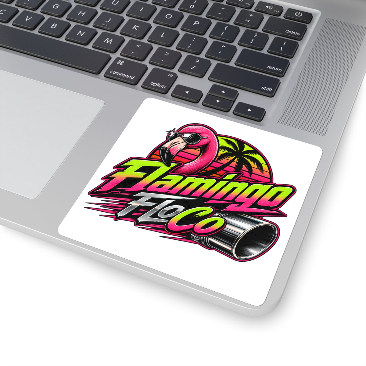 Flamingo FloCo Retro Racing Square Sticker — Neon Flamingo, Palm Tree & Exhaust Graphic