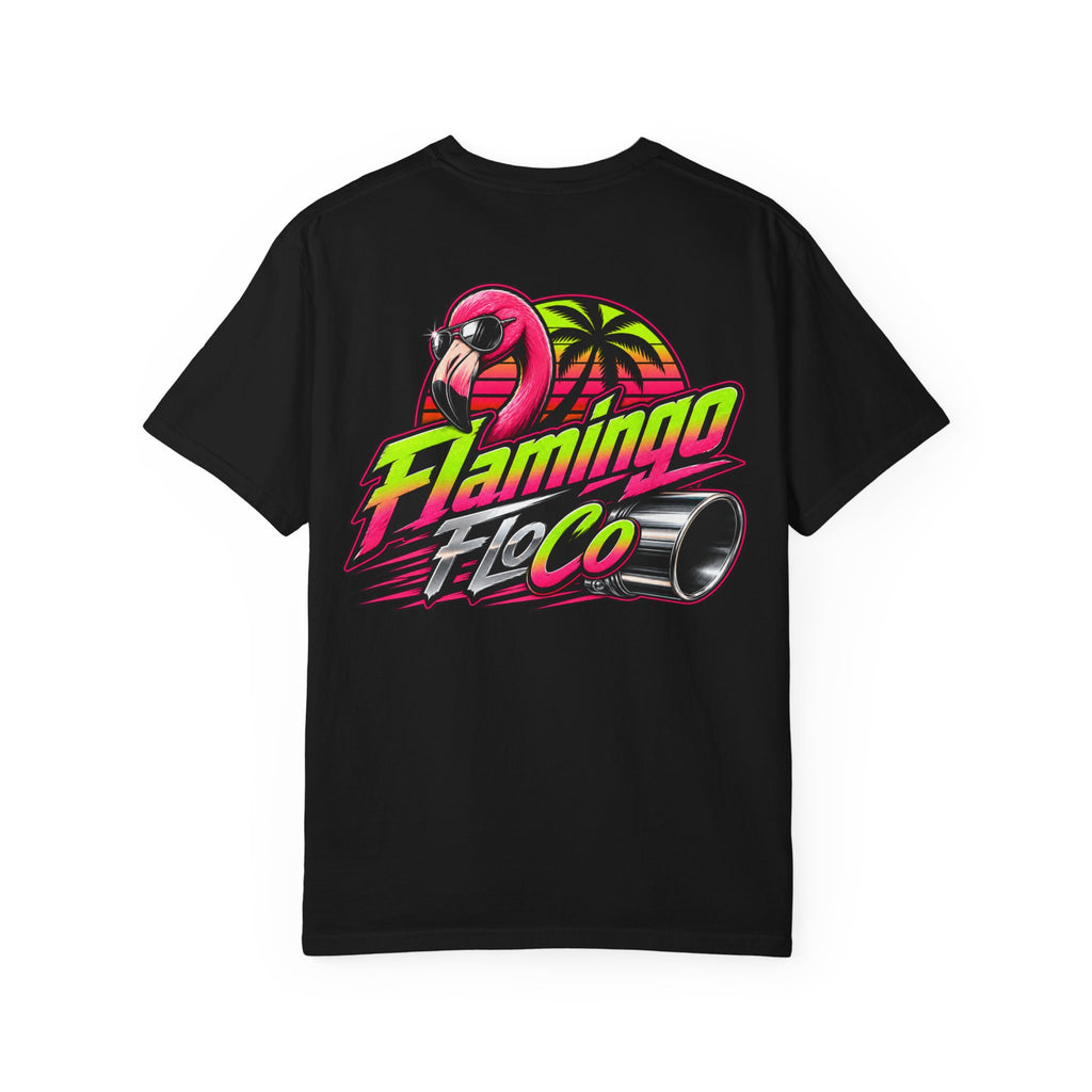 Flamingo FloCo logo T-shirt | Retro Neon Flamingo Beach Design