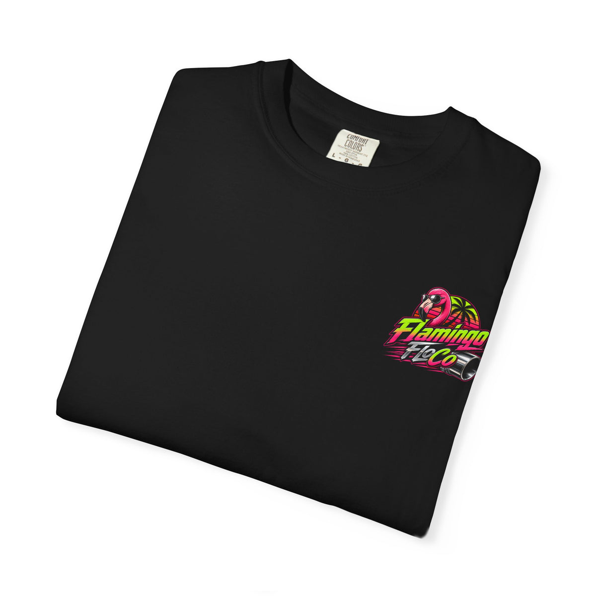 Flamingo FloCo logo T-shirt | Retro Neon Flamingo Beach Design