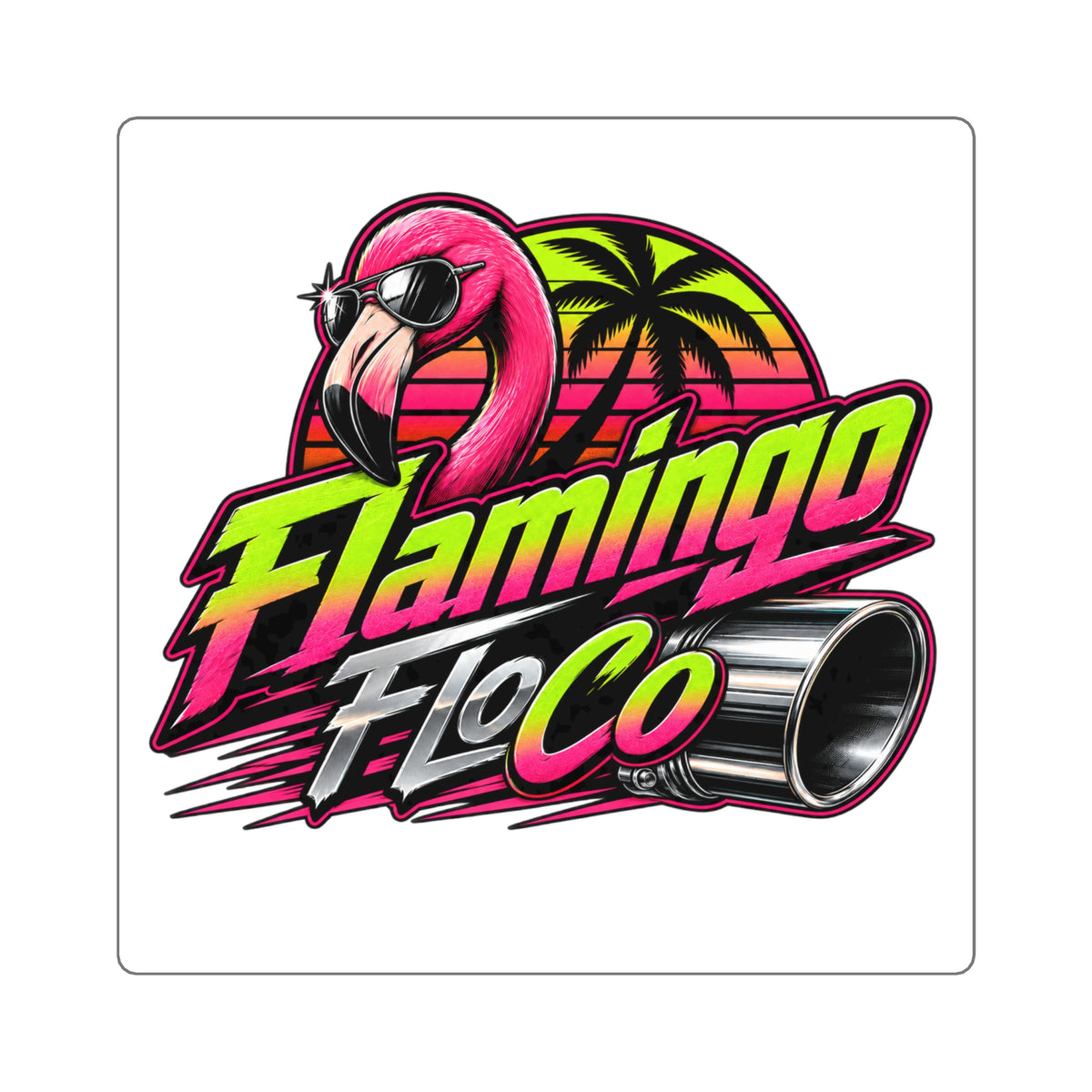 Flamingo FloCo Retro Racing Square Sticker — Neon Flamingo, Palm Tree & Exhaust Graphic
