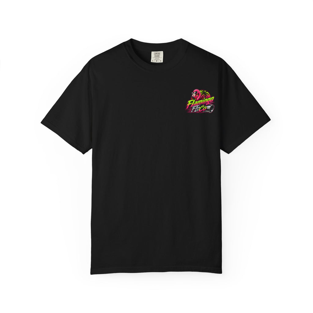 Flamingo FloCo logo T-shirt | Retro Neon Flamingo Beach Design
