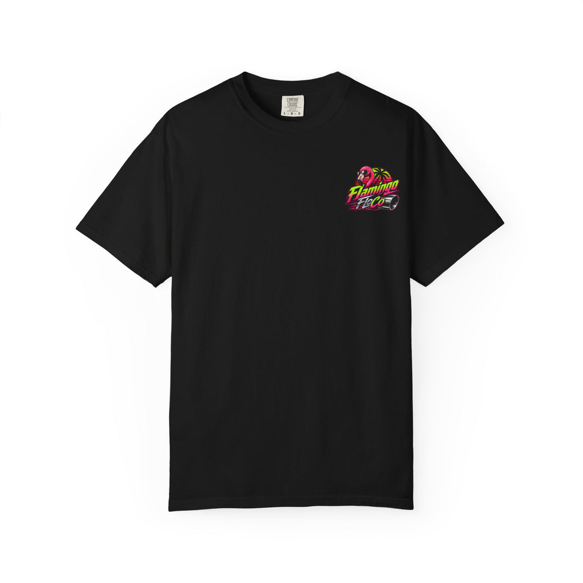 Flamingo FloCo logo T-shirt | Retro Neon Flamingo Beach Design
