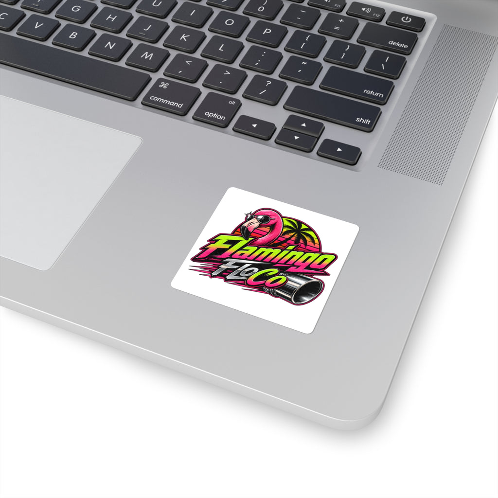 Flamingo FloCo Retro Racing Square Sticker — Neon Flamingo, Palm Tree & Exhaust Graphic