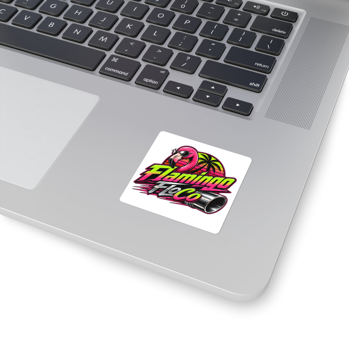Flamingo FloCo Retro Racing Square Sticker — Neon Flamingo, Palm Tree & Exhaust Graphic