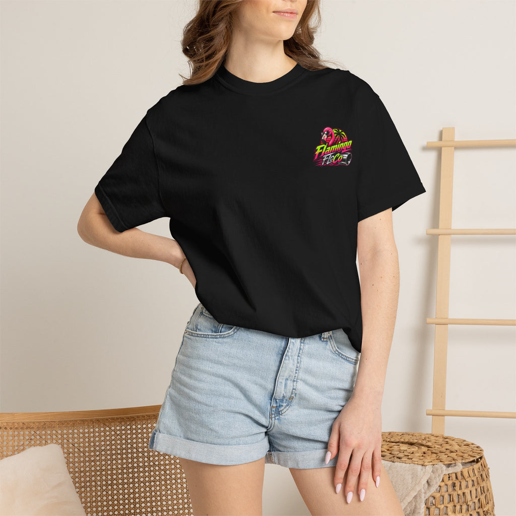 Flamingo FloCo logo T-shirt | Retro Neon Flamingo Beach Design